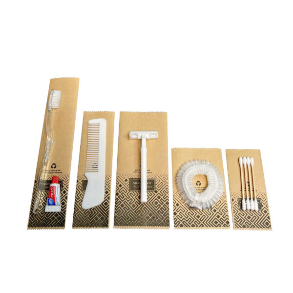 Bộ amenities khách sạn COMBO 1, set 5 món lõi nhựa trắng túi kraft
