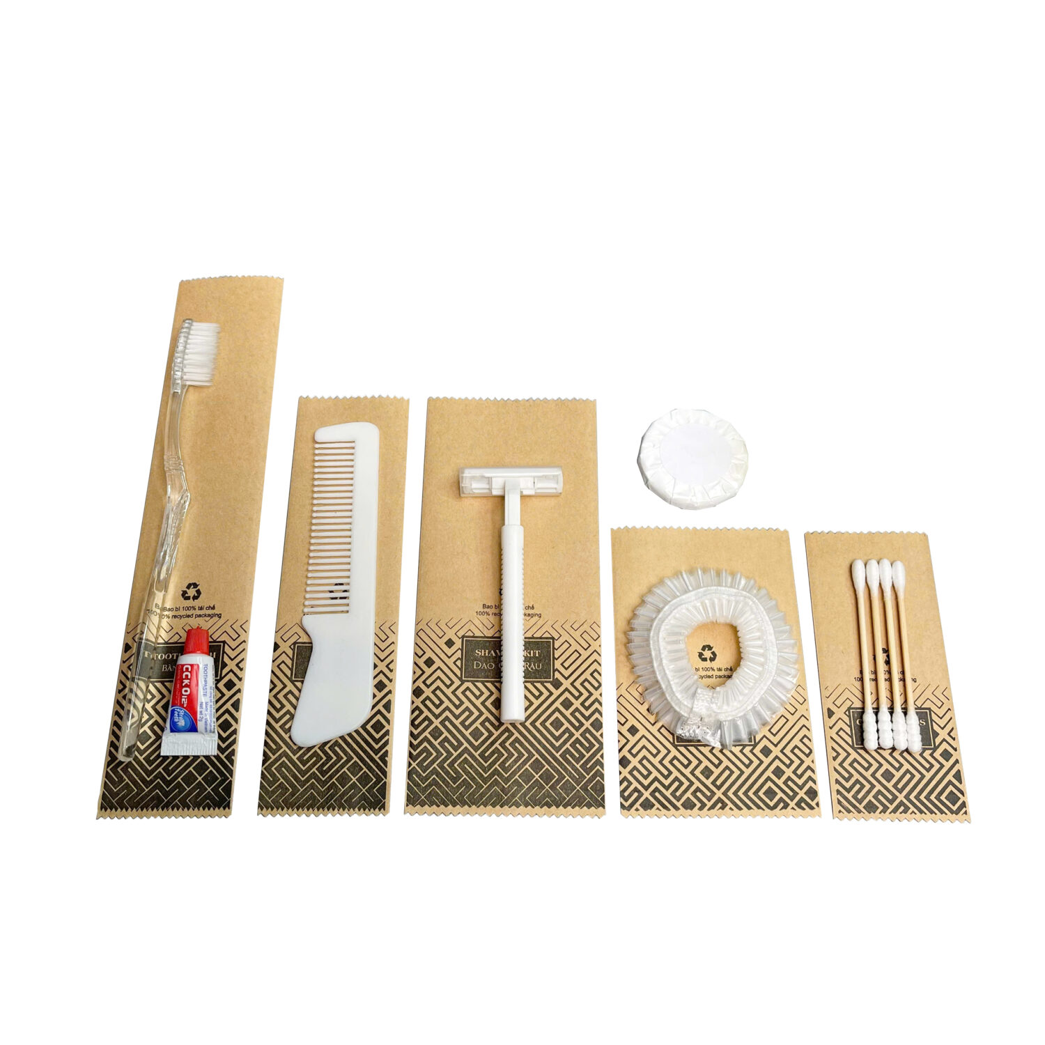 Bộ amenities khách sạn COMBO 2, set 6 món lõi nhựa trắng túi kraft
