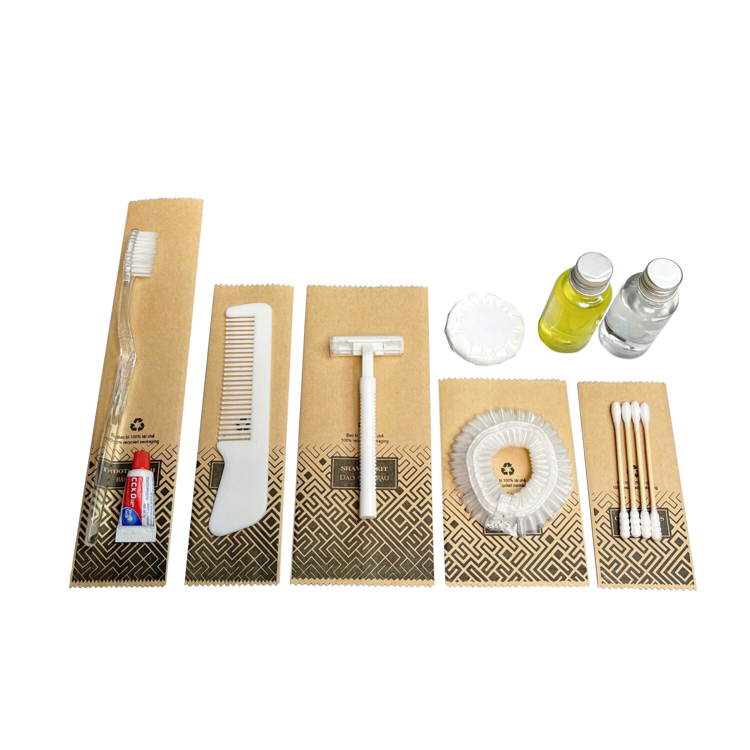 Bộ amenities khách sạn COMBO 3, set 8 món lõi nhựa trắng túi kraft