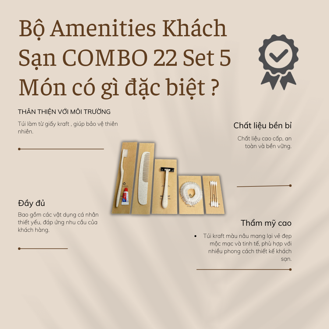 Bộ amenities khách sạn COMBO 22 bộ 5 món túi kraft không họa tiết lõi lúa mạch