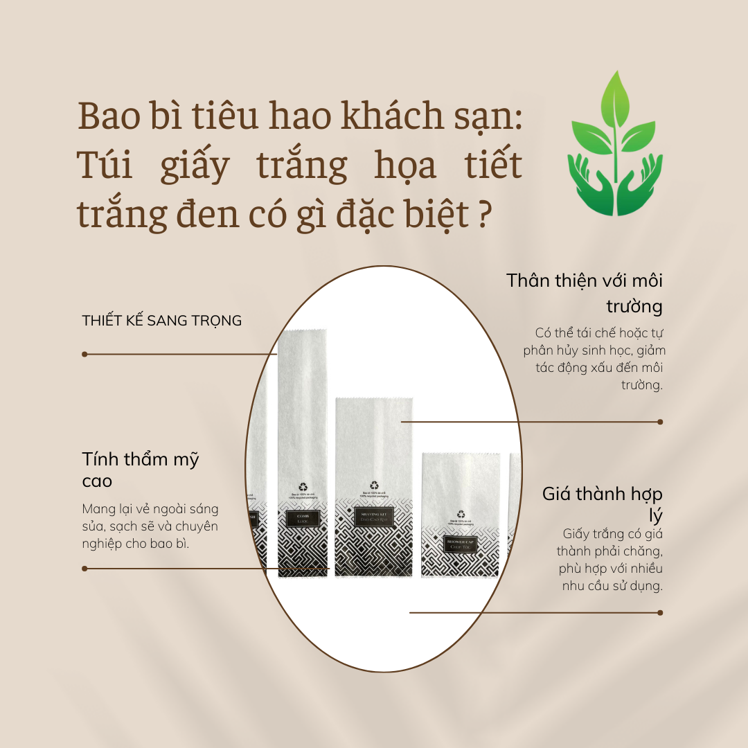 Bao bì bộ đồ dùng tiêu hao khách sạn túi giấy trắng họa tiết trắng đen