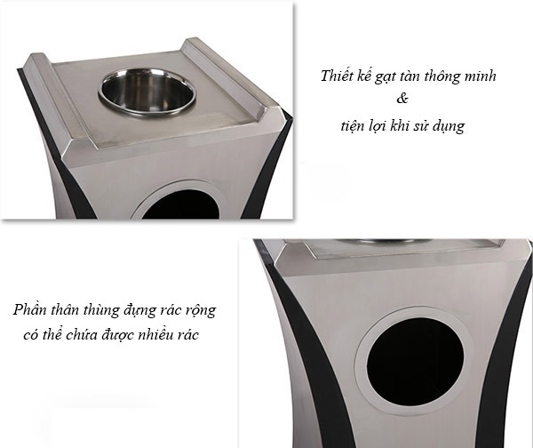 Thùng Rác Inox Sơn Đen Có Gạt Tàn
