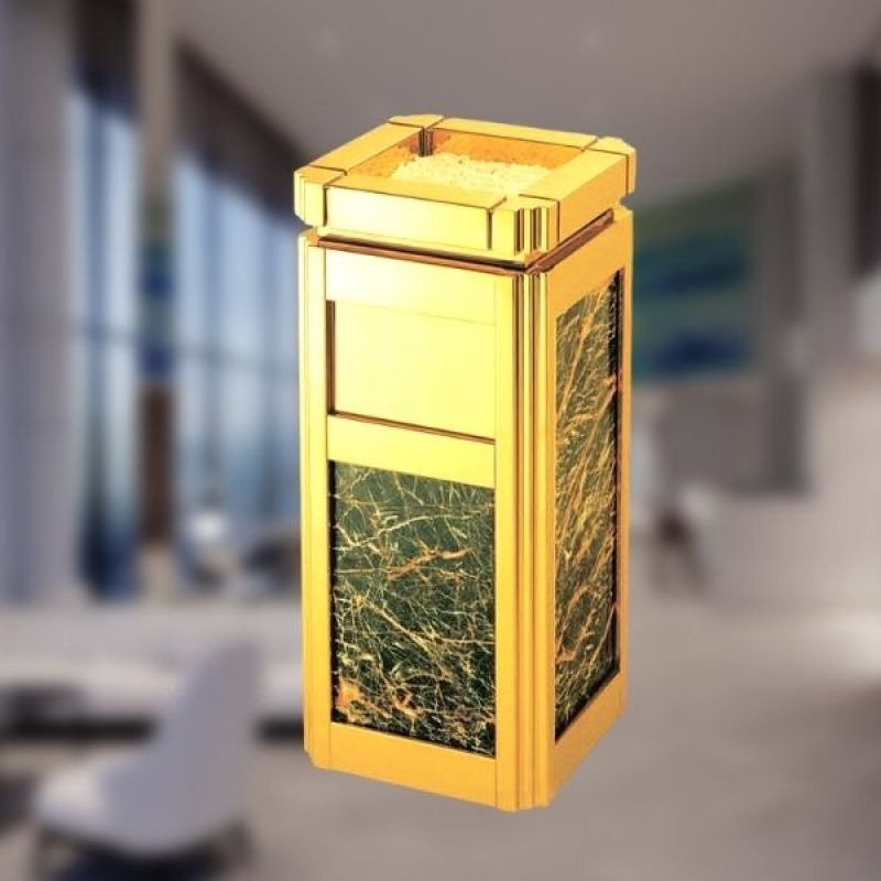 Thùng Rác Inox Mạ Vàng Đá Đen Có Gạt Tàn